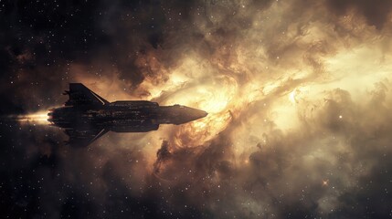 Wall Mural - spacecraft traveling through a cosmic dust cloud in deep space