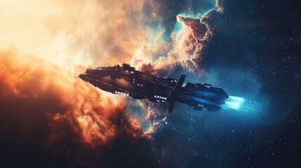 Wall Mural - spacecraft traveling through a cosmic dust cloud in deep space