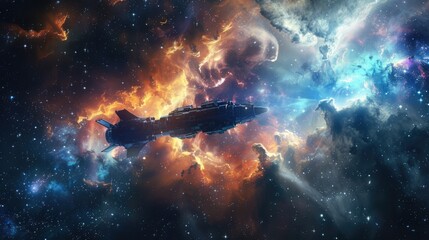 Wall Mural - spacecraft traveling through a cosmic dust cloud in deep space