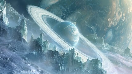 Wall Mural - spacecraft exploring the icy rings of a distant gas giant planet