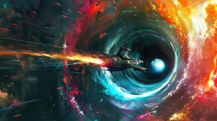 Spaceship entering a colorful wormhole, creating a mesmerizing visual effect