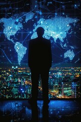 Businessman silhouette with world map digital interface.