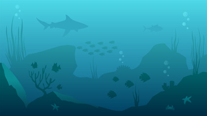 Sticker - Underwater seascape vector illustration. Deep sea silhouette with fish and coral reef. Undersea landscape for illustration, background or wallpaper