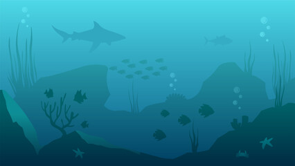 Poster - Underwater seascape vector illustration. Deep sea silhouette with fish and coral reef. Undersea landscape for illustration, background or wallpaper