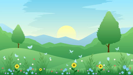 Wall Mural - Springtime landscape vector illustration. Hill landscape in spring season with blooming flowers and meadow. Spring season landscape for illustration, background or wallpaper