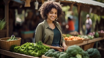 Wall Mural - An African-American Woman is a Farmer, a gardener, a seller behind a counter with fresh vegetables at a farmer's Market. Organic Vegetarian Products, Healthy Eating Concepts.