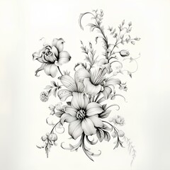 a black and white drawing of a bunch of flowers ai generated