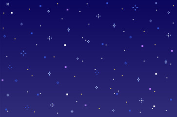 Pixel art night sky. Retro 8-bit game evening background with stars. Flat halftone pattern for mobile interface game. Blue colors on backdrop. Vector illustration