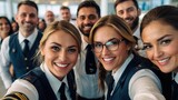 Fototapeta Sport - Group of pilot selfie in airport