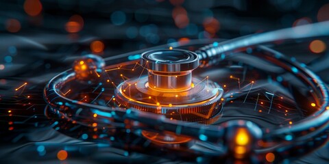 futuristic artistic photo of a stethoscope with a dark neon heartbeat made of transparent glass