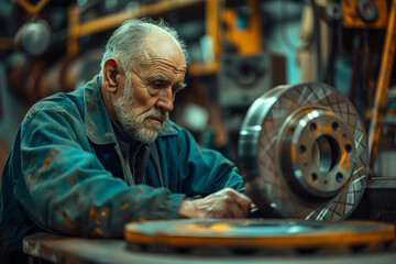 Poster - Auto mechanic in a workshop looking at car brake discs