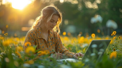 Poster - Hands, laptop and engineer at solar panel for green, clean or renewable energy for eco friendly power closeup. Computer, woman and photovoltaic plant for electricity, typing and maintenance outdoor