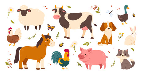 Wall Mural - cute farm animals. funny cartoon domestic mammals and birds. rural cattle and poultry. village pet. 