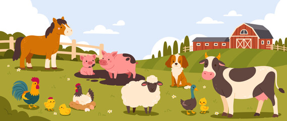 Wall Mural - farm scene with animals. cartoon farmed landscape with happy domestic birds and animals on meadow. b