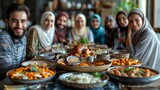 Fototapeta  - Muslim, family and friends with food or lunch at dining table for eid, islamic celebration and hosting. Ramadan, culture and people eating at religious gathering with dinner, discussion or happiness 