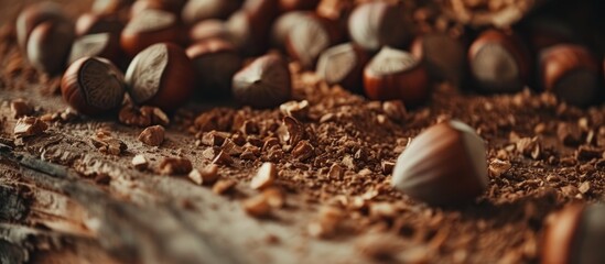 Sticker - This close-up shot showcases a decadent chocolate cake topped with chopped hazelnuts. The nuts add a crunchy texture to the rich cake, making it a delightful treat for any chocolate lover.