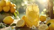 National Lemonade Day. Golden light filters through a lemon grove, highlighting glasses of icy lemonade adorned with lemon slices, epitomizing refreshing summer beverages.