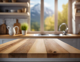 Empty wooden top table in kitchen with blurred window background