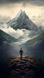 © liliyabatyrova - A view from afar of the Silhouette of a Man against the background of a high mountain in the evening. The journey, the nature of the concept.