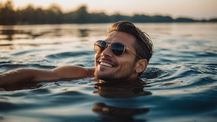 Wall Mural - Western man enjoying and relaxing in the swimming pool