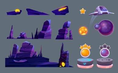 Poster - outer space game level ui design creation kit. cartoon set of 2d platform and islands with rocks and