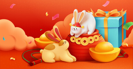 Wall Mural - Cute rabbits CNY banner