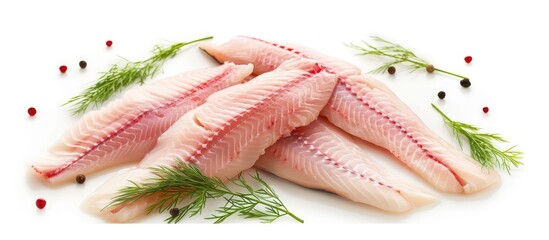 Wall Mural - Several raw Tilapia fish fillets are displayed on a clean, white background. The fillets are cut and ready for cooking, showing their freshness and high quality.