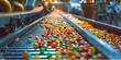 Colorful candy on conveyor belt for sweets manufacturing and distribution