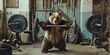 Brown grizzly bear lifting heavy weighted barbells