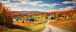 A fall farm in Vermont hill with bright fall tree colors, abundant harvests, and a traditional American country home for the holidays created with Generative AI Technology 
