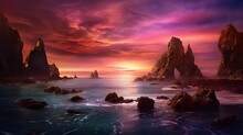 Beautiful Seascape Panorama Of Sunset Over The Sea And Rock
