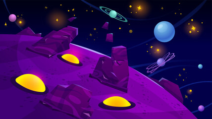 Poster - alien planet surface for game ui design. vector cartoon illustration of outer space landscape with n
