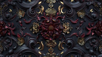 Poster - 3D digital illustration of ornate floral baroque elements on dark background.