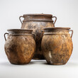 Three ancient pottery large urn pots with rust isolated on white background created with Generative AI Technology 