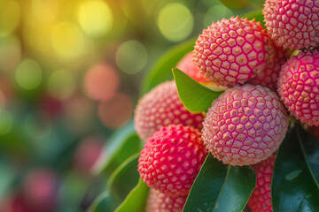 Wall Mural - Juicy lychee berries on a branch with a blurred natural background.
