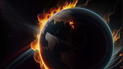 Poster - Planet Earth in space on fire burning. Generative AI