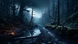 Dark forest at night with fog and light on the ground, panorama