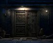 3D rendering of a fantasy scene with a door and a lamp