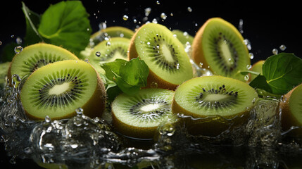 Wall Mural - Smooth Fresh ripe green organic Kiwi Fruits slices and falling into water and splashes