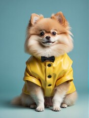 Wall Mural - A charming Pomeranian dog dons a yelolow dress with black detail, perfect for luxury pet lifestyle concepts