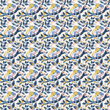 Fototapeta  - Whimsical Chameleons and Florals Pattern Design.  A playful pattern featuring blue chameleons among a variety of stylized flowers and leaves on a white background.

