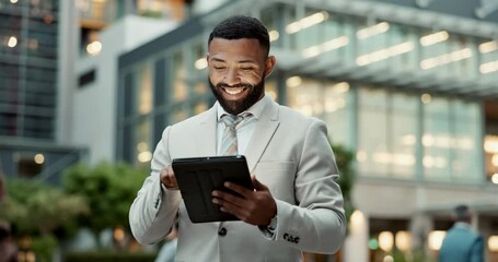 Canvas Print - Happy, tablet and business black man in city for communication, typing email and research. Professional, corporate worker and person on digital technology for social networking, website and news