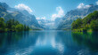 Lake in the Swiss Alps. Panoramic view of the nature and mountains of Switzerland.