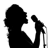 Fototapeta  - Silhouette of a female diva vocalist singing with a microphone which is used by a singer in a performance at a concert in a hall or club, Generative AI stock illustration image