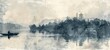 Monochrome Chinese ink wash painting style illustration depicting a serene lakescape with a solitary boatman, traditional architecture, and distant hills