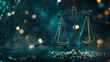 Ethereal scales of justice amidst magical glitter, bokeh lights, conceptual law symbol, ideal for legal themes and backgrounds. AI
