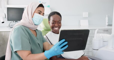 Poster - Happy woman, dentist and tablet with patient for dental care, results or tooth whitening at clinic. Young female person or orthodontist showing customer before and after teeth treatment on technology