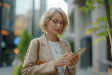 Mature business woman with glasses on a city street uses a smartphone and looks away