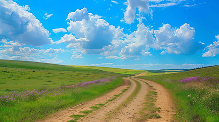 Wall Mural - road landscape. blue sky, green field, purple spots of flowers in green fields