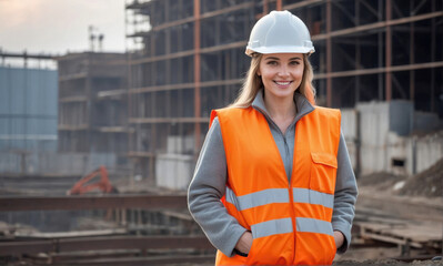 beautiful smilling Young female worker site engineer with a safety vest and hardhat